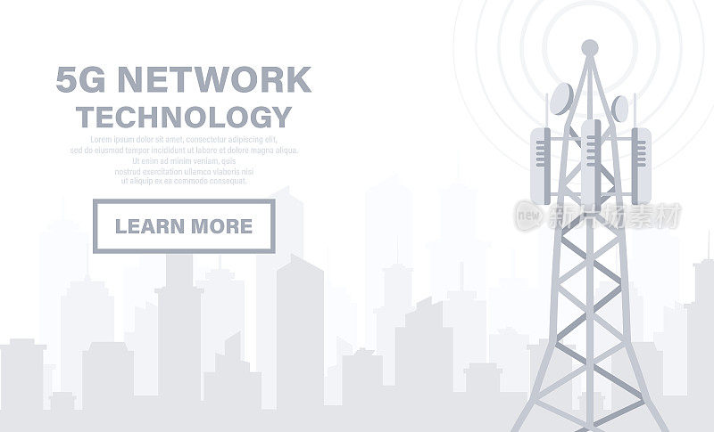 5 g网络技术。通讯塔无线高速互联网。基站、移动数据塔、蜂窝设备、电信天线、信号。未来最快互联网的概念